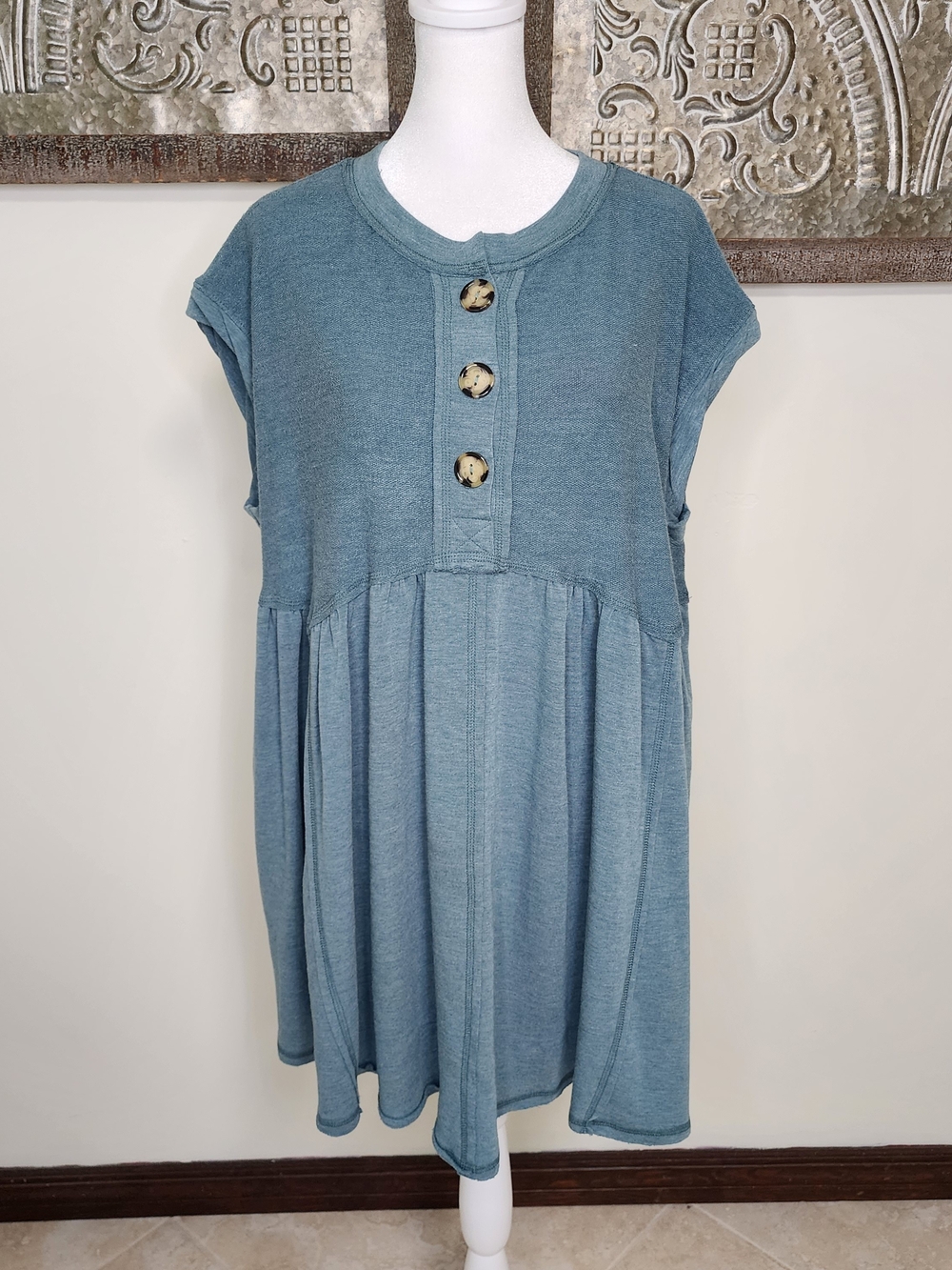 Three Bird Nest Teal Oversized Button-Front Babydoll Dress Small Casual Granola